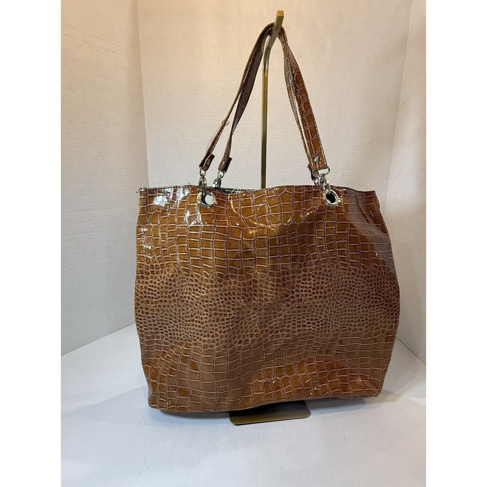 VINTAGE TOTE SHOULDER BAG PURSE CARAMEL FAUX LEATHER ALIGATOR OR CROCODILE‎ LIKE